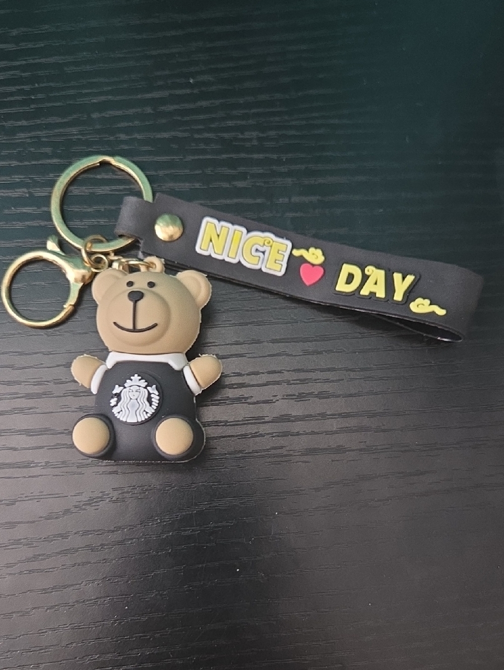 Cute Bear Keychain/Bag Clip, Wrist Strap - Black "Nice Day"